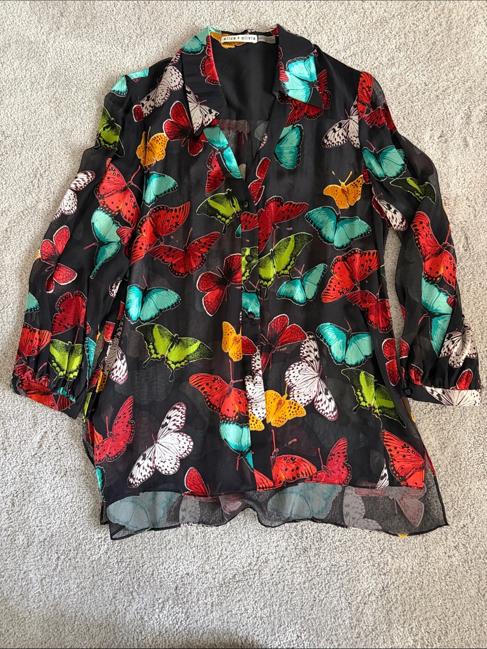 Alice + Olivia Black Sheer Butterfly-Print Button Blouse